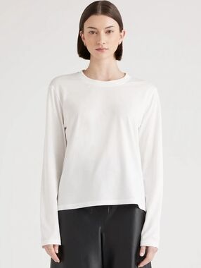 Quince Cotton Modal Relaxed Long Sleeve Tee Shirt Top White Large